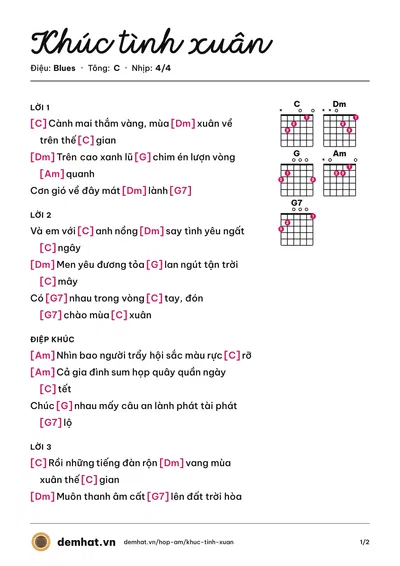 Hợp âm Khúc tình xuân – bản nhạc PDF trang 1, tông C