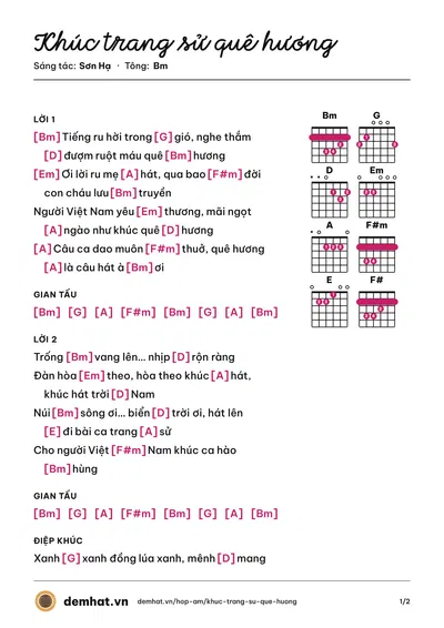 Hợp âm Khúc trang sử quê hương (Sơn Hạ) – bản nhạc PDF trang 1, tông Bm