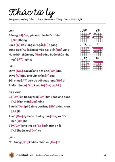 Hợp âm Khúc từ ly (Hoàng Cầm) – bản nhạc PDF trang 1, tông Dm