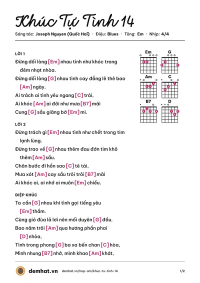 Hợp âm Khúc Tự Tình 14 (Diệu Hiền) – bản nhạc PDF trang 1, tông Em