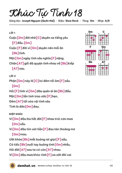 Hợp âm Khúc Tự Tình 18 (Diệu Hiền) – bản nhạc PDF trang 1, tông Dm