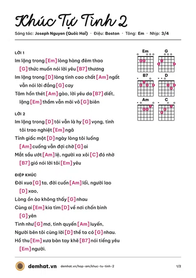 Hợp âm Khúc Tự Tình 2 (Lê Minh Đức) – bản nhạc PDF trang 1, tông Em