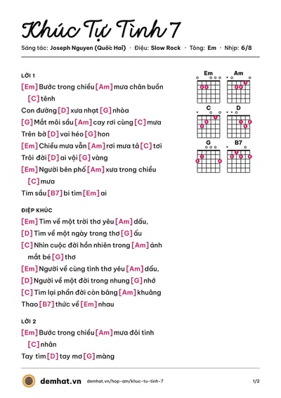 Hợp âm Khúc Tự Tình 7 (Hoàng Nguyên) – bản nhạc PDF trang 1, tông Em