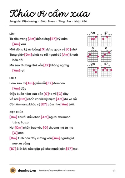 Hợp âm Khúc vĩ cầm xưa (Diệu Hương) – bản nhạc PDF trang 1, tông Am