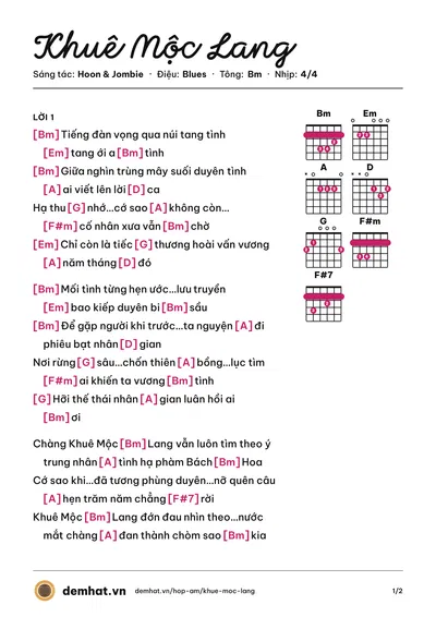 Hợp âm Khuê Mộc Lang (Hương Ly) – bản nhạc PDF trang 1, tông Bm