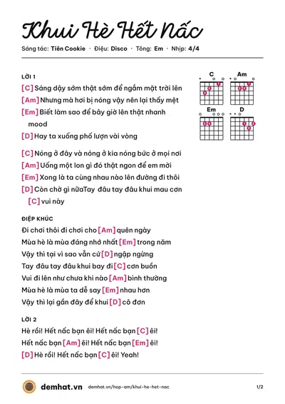 Hợp âm Khui Hè Hết Nấc (Bích Phương) – bản nhạc PDF trang 1, tông Em