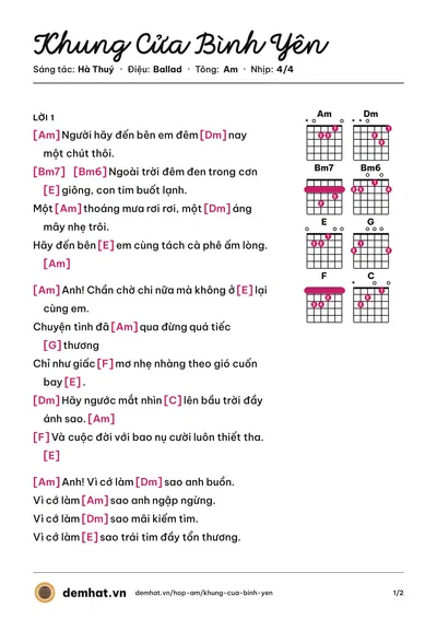 Hợp âm Khung Cửa Bình Yên (Hà Thuý) – bản nhạc PDF trang 1, tông Am