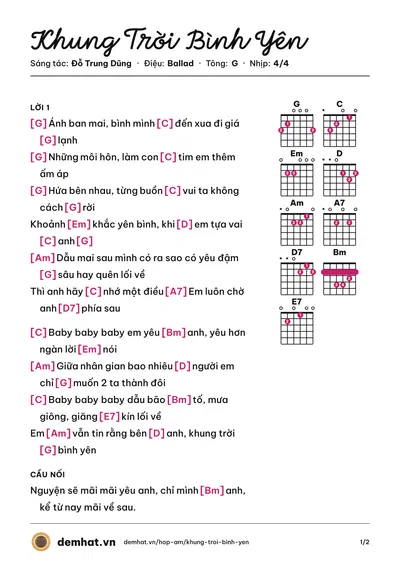 Hợp âm Khung Trời Bình Yên (Thu Vũ) – bản nhạc PDF trang 1, tông G