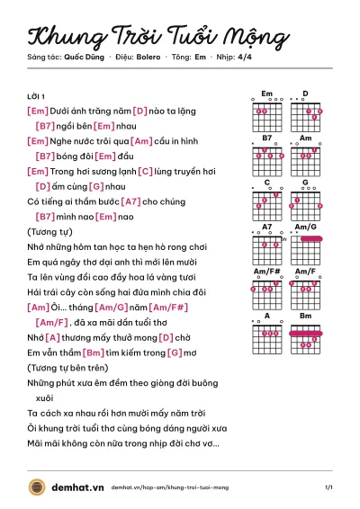 Hợp âm Khung Trời Tuổi Mộng (Đình Văn) – bản nhạc PDF trang 1, tông Em