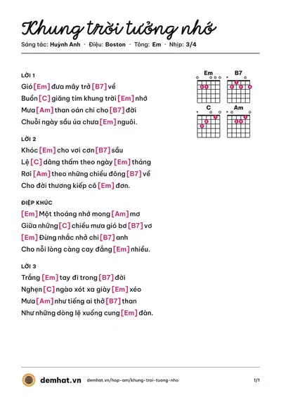 Hợp âm Khung trời tưởng nhớ (Thanh Thuý (trước 75)) – bản nhạc PDF trang 1, tông Em