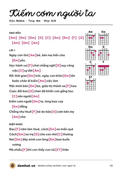 Hợp âm Kiếm cơm người ta (Duy Hùng) – bản nhạc PDF trang 1, tông Am