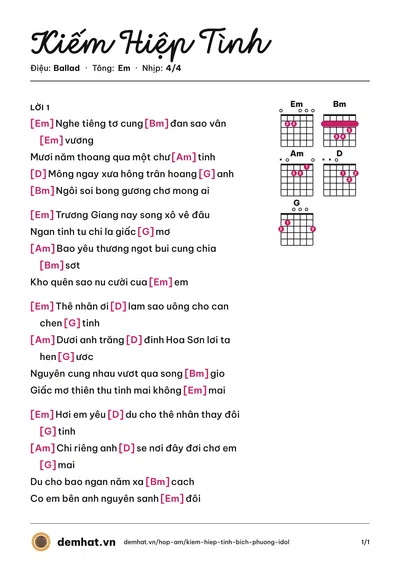 Hợp âm Kiếm Hiệp Tình (Bích Phương) – bản nhạc PDF trang 1, tông Em