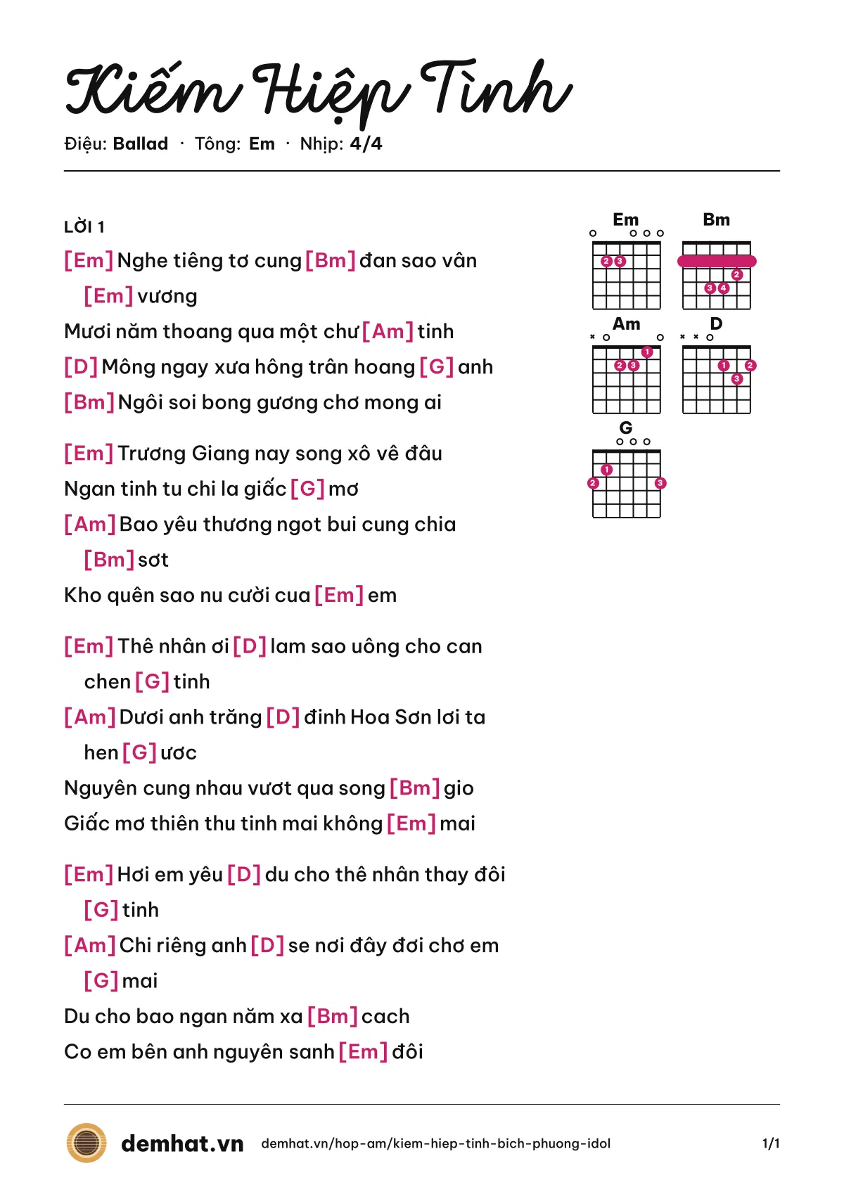 Hợp âm Kiếm Hiệp Tình (Bích Phương) – bản nhạc PDF trang 1, tông Em