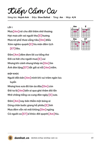 Hợp âm Kiếp Cầm Ca (Lệ Quyên) – bản nhạc PDF trang 1, tông Am