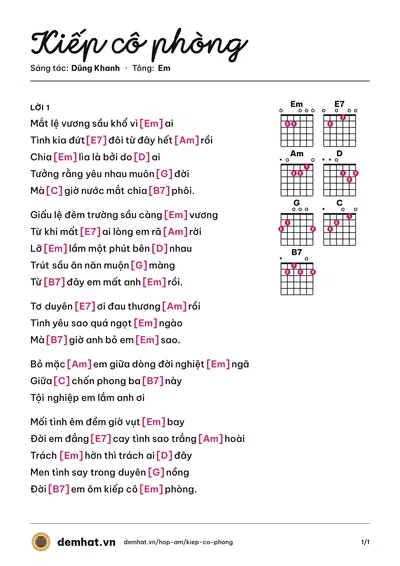 Hợp âm Kiếp cô phòng (Nhã Ca) – bản nhạc PDF trang 1, tông Em