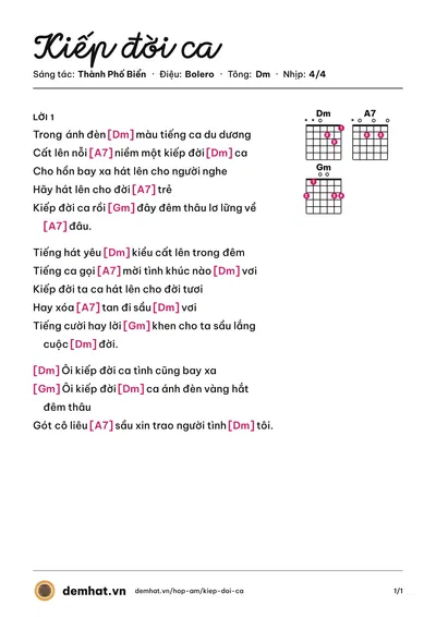 Hợp âm Kiếp đời ca (Thành Phố Biển) – bản nhạc PDF trang 1, tông Dm