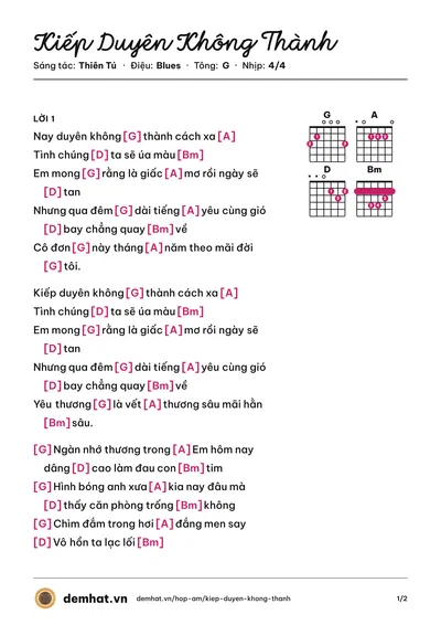 Hợp âm Kiếp Duyên Không Thành (DIMZ) – bản nhạc PDF trang 1, tông G