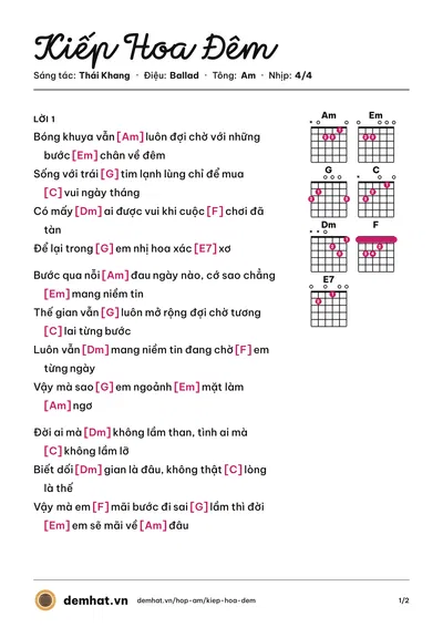Hợp âm Kiếp Hoa Đêm (Hàn Thái Tú) – bản nhạc PDF trang 1, tông Am