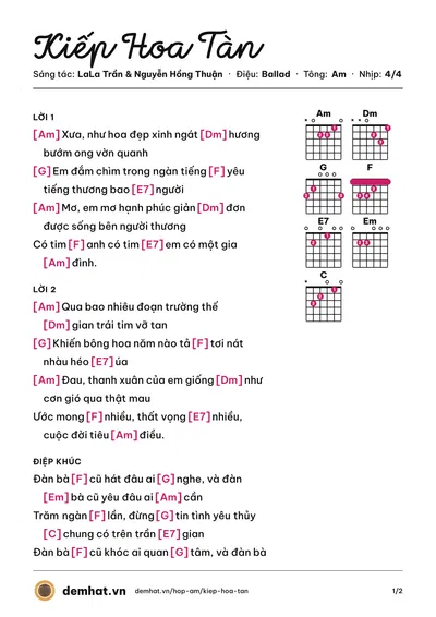 Hợp âm Kiếp Hoa Tàn (LaLa Trần) – bản nhạc PDF trang 1, tông Am