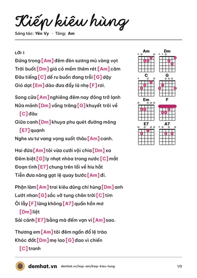 Hợp âm Kiếp kiêu hùng (Lâm Hoài Phong) – bản nhạc PDF trang 1, tông Am