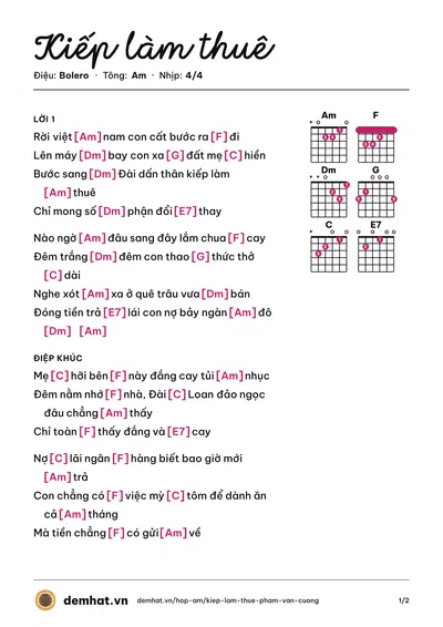 Hợp âm Kiếp làm thuê (Phạm Văn Cường) – bản nhạc PDF trang 1, tông Am