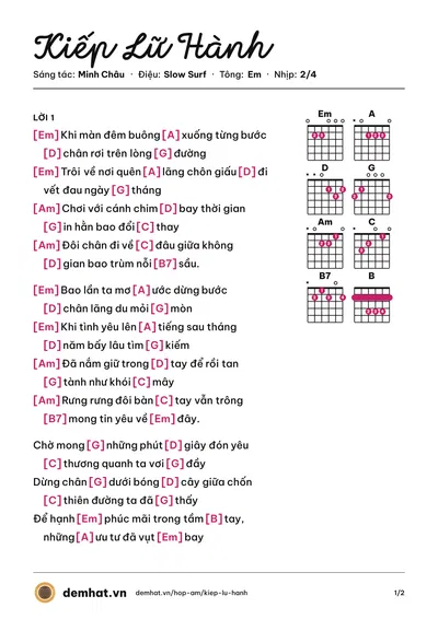Hợp âm Kiếp Lữ Hành (Lam Trường) – bản nhạc PDF trang 1, tông Em