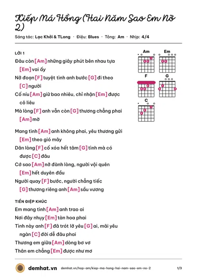 Hợp âm Kiếp Má Hồng (Hai Năm Sao Em Nỡ 2) (TLong) – bản nhạc PDF trang 1, tông Am
