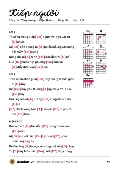 Hợp âm Kiếp người (Thúy Hương) – bản nhạc PDF trang 1, tông Em