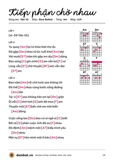 Hợp âm Kiếp phận chờ nhau (Văn Vũ) – bản nhạc PDF trang 1, tông Am