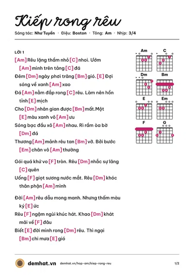 Hợp âm Kiếp rong rêu (Thảo Hồ) – bản nhạc PDF trang 1, tông Am