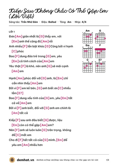 Hợp âm Kiếp Sau Không Chắc Có Thể Gặp Em (Lời Việt) (Trần Nhã Sâm) – bản nhạc PDF trang 1, tông Am