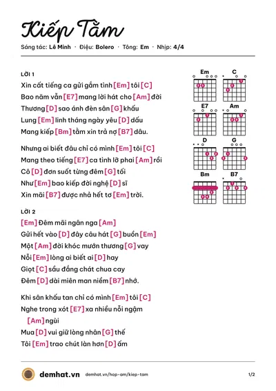Hợp âm Kiếp Tằm (Mai Quốc Huy) – bản nhạc PDF trang 1, tông Em