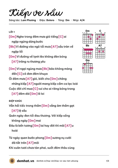 Hợp âm Kiếp ve sầu (Thanh Thúy) – bản nhạc PDF trang 1, tông Dm