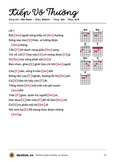Hợp âm Kiếp Vô Thường (Hoàng Thương) – bản nhạc PDF trang 1, tông Am