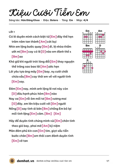 Hợp âm Kiệu Cưới Tiễn Em (Hứa Đăng Khoa) – bản nhạc PDF trang 1, tông Em