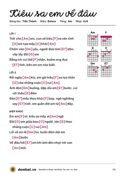 Hợp âm Kiêu sa em về đâu (Tiến Thành) – bản nhạc PDF trang 1, tông Am