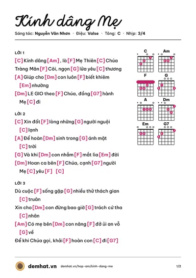 Hợp âm Kính dâng Mẹ (Như Ngọc Hoa) – bản nhạc PDF trang 1, tông C