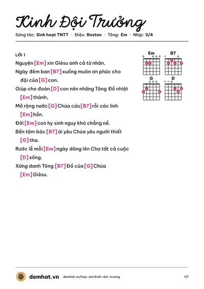 Hợp âm Kinh Đội Trưởng (Sinh hoạt TNTT) – bản nhạc PDF trang 1, tông Em