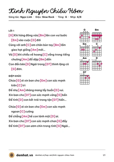 Hợp âm Kinh Nguyện Chiều Hôm (Đỗ Quang) – bản nhạc PDF trang 1, tông G
