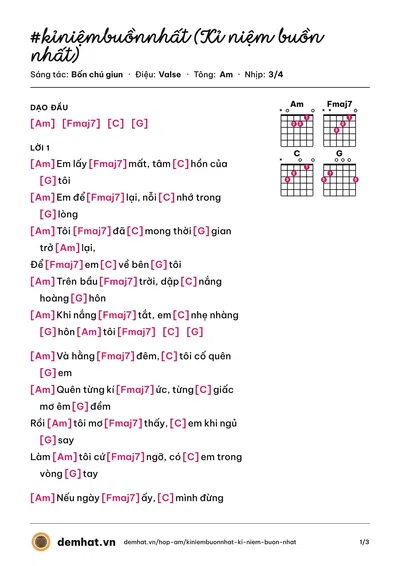 Hợp âm #kỉniệmbuồnnhất (Kỉ niệm buồn nhất) (Bốn chú giun) – bản nhạc PDF trang 1, tông Am