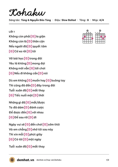 Hợp âm Kohaku (Tùng) – bản nhạc PDF trang 1, tông G