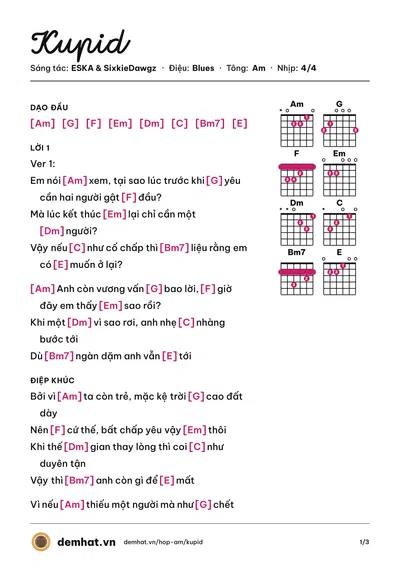 Hợp âm Kupid (SixkieDawgz) – bản nhạc PDF trang 1, tông Am