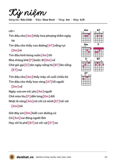 Hợp âm Kỷ niệm (Bảo Chấn) – bản nhạc PDF trang 1, tông Am