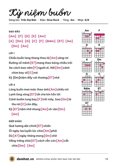 Hợp âm Kỷ niệm buồn (Lý Thu Thảo) – bản nhạc PDF trang 1, tông Am