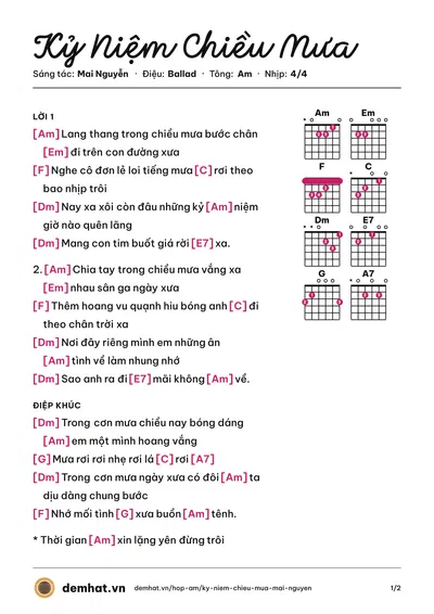Hợp âm Kỷ Niệm Chiều Mưa (Đan Thanh) – bản nhạc PDF trang 1, tông Am