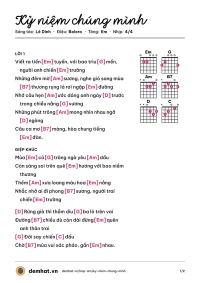 Hợp âm Kỷ niệm chúng mình (Lê Dinh) – bản nhạc PDF trang 1, tông Em