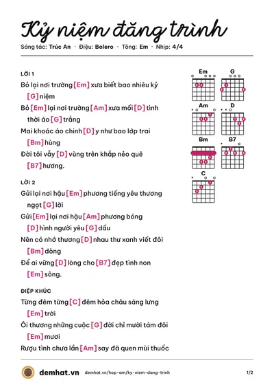 Hợp âm Kỷ niệm đăng trình (Thanh Anh) – bản nhạc PDF trang 1, tông Em