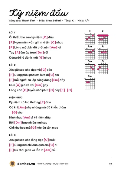 Hợp âm Kỷ niệm đầu (Thanh Bình) – bản nhạc PDF trang 1, tông C