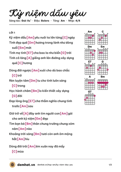 Hợp âm Kỷ niệm dấu yêu (Đức Vũ) – bản nhạc PDF trang 1, tông Am
