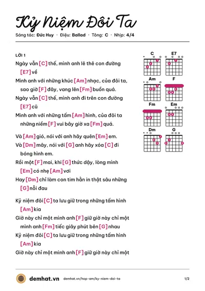 Hợp âm Kỷ Niệm Đôi Ta (Đức Huy) – bản nhạc PDF trang 1, tông C